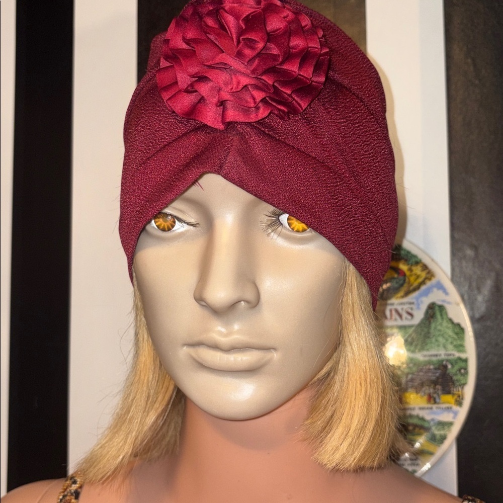 Vintage 1970s Burgundy Turban with Floral Accent - Picture 1 of 15
